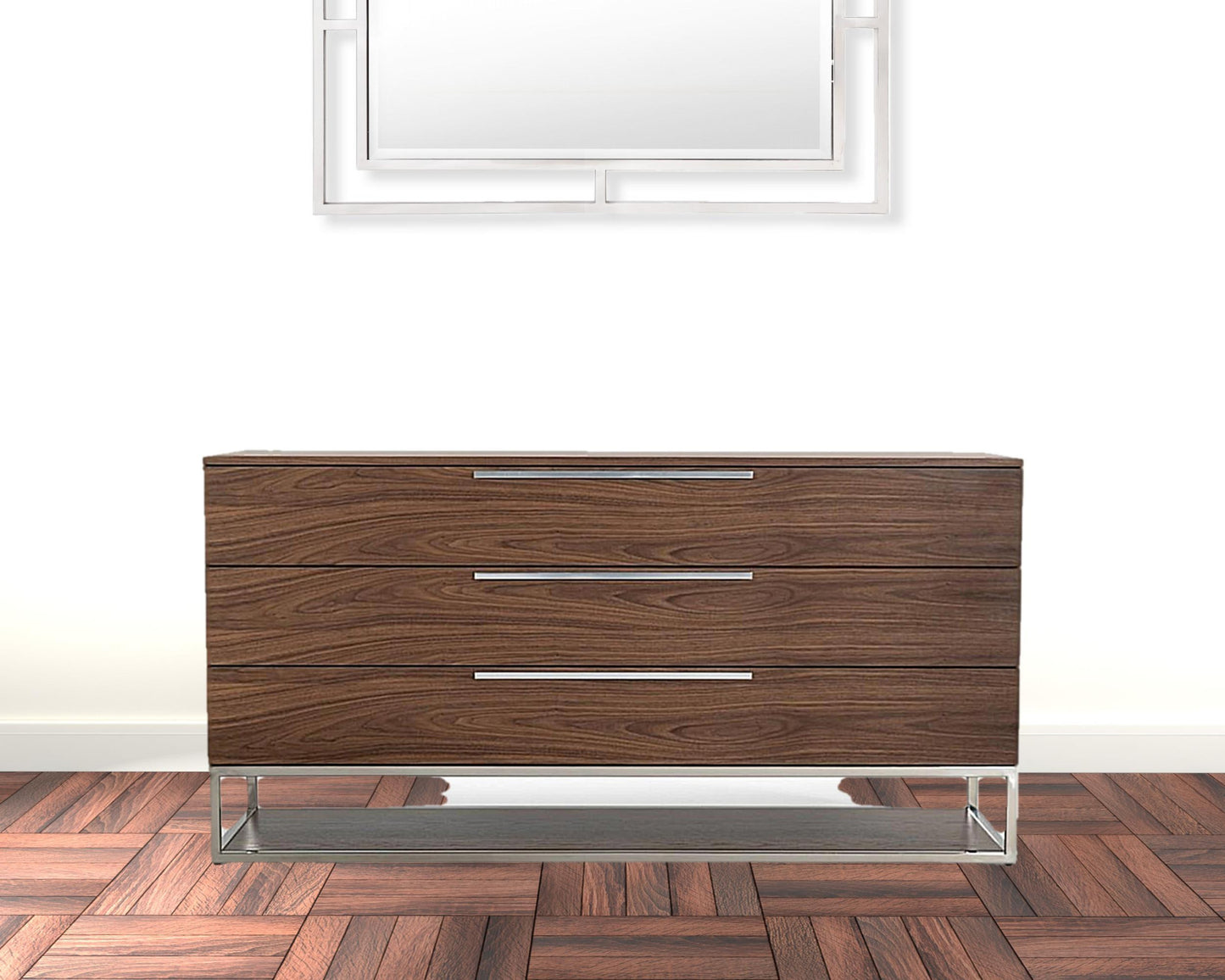 58" Walnut Manufactured Wood Three Drawer Dresser