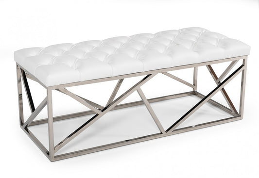 48" White and Silver Upholstered Faux Leather Bench