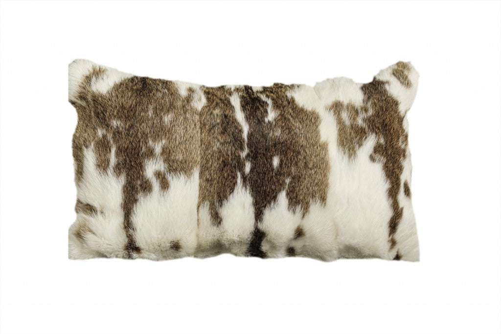 12" X 20" Brown And White Rabbit Natural Fur Throw Pillow