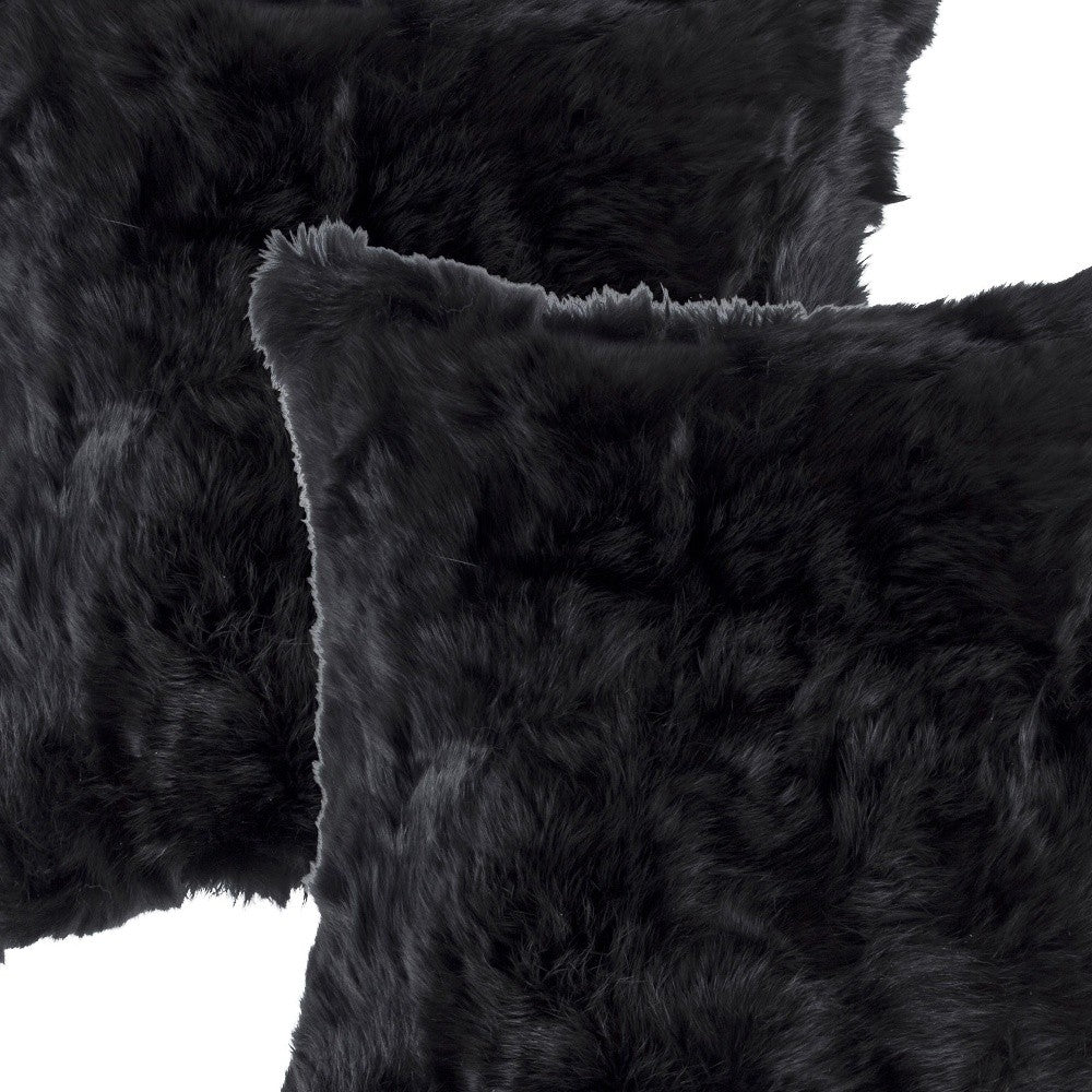 Set of Two 18" Black Rabbit Natural Fur Throw Pillow