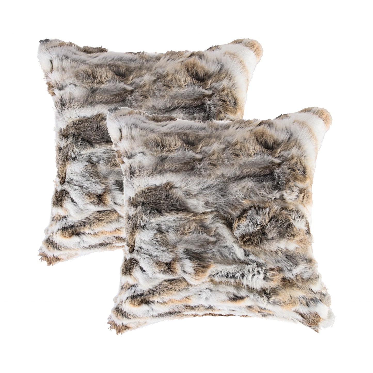 Set of Two 18" Tan and White Rabbit Natural Fur Throw Pillow