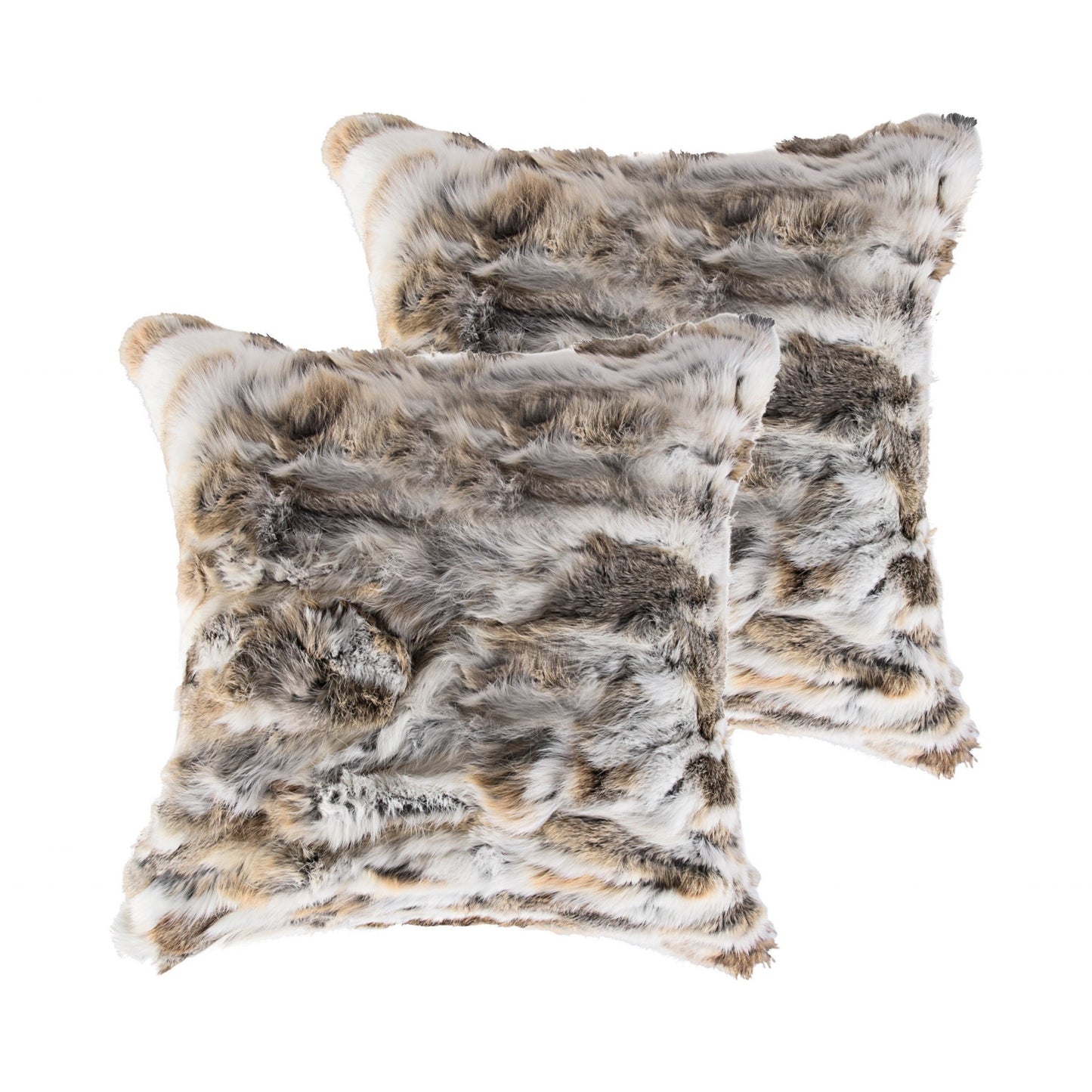 Set of Two 18" Tan and White Rabbit Natural Fur Throw Pillow