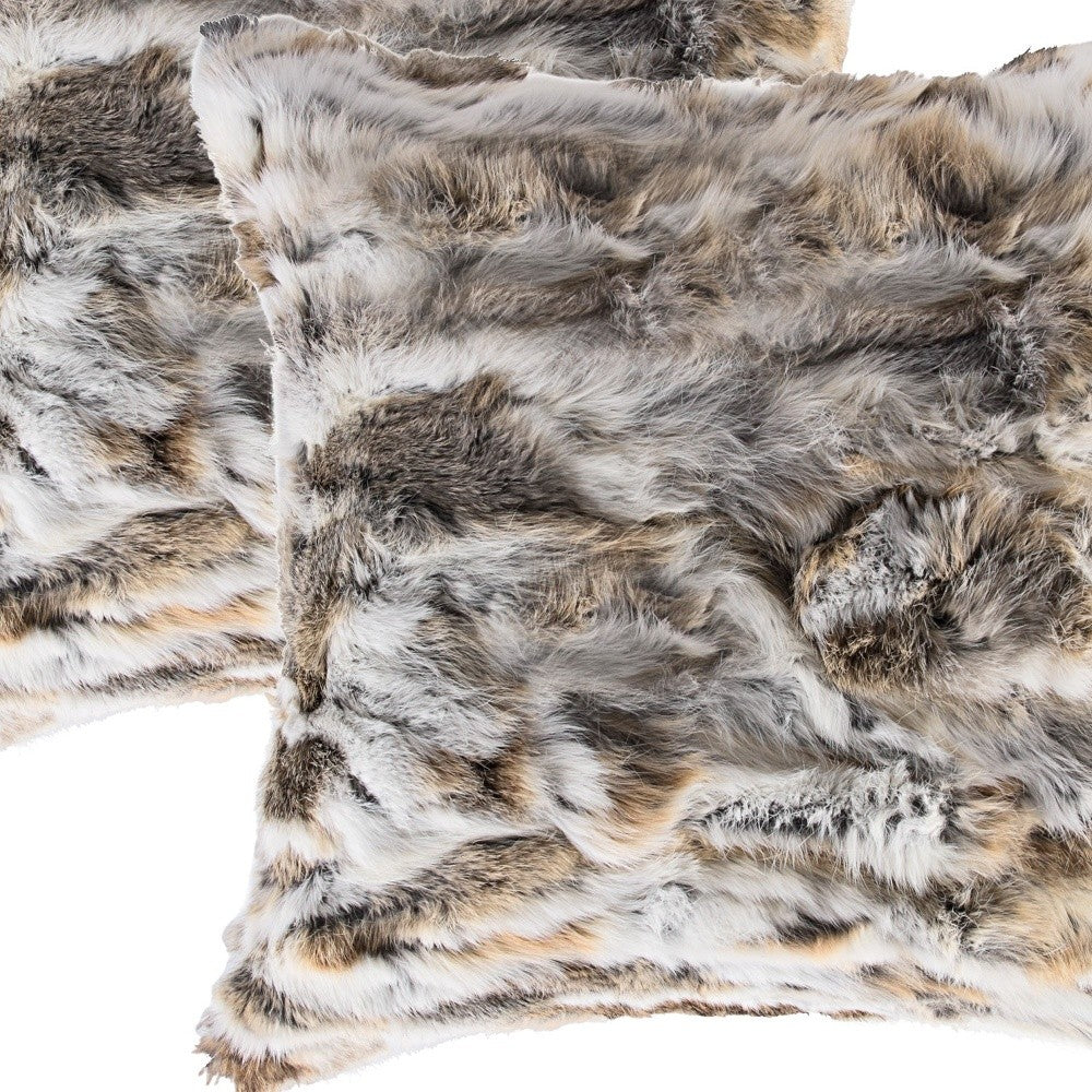 Set of Two 18" Tan and White Rabbit Natural Fur Throw Pillow