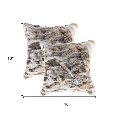 Set of Two 18" Tan and White Rabbit Natural Fur Throw Pillow