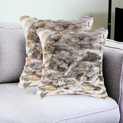 Set of Two 18" Tan and White Rabbit Natural Fur Throw Pillow