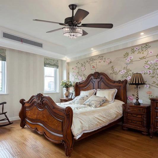 Dark Brown Wooden and Faux Crystal Chandelier Ceiling Fan