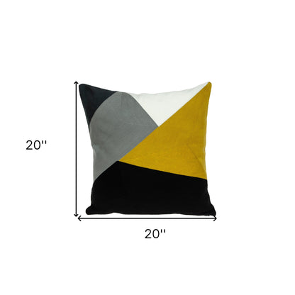 20" X 20" Black Grey And Mustard Geometric Zippered 100% Cotton Throw Pillow