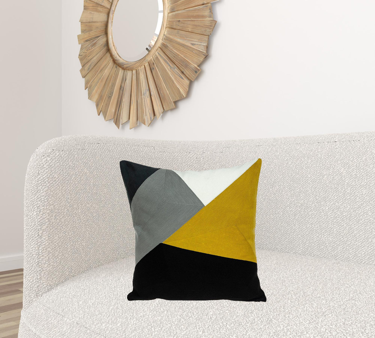 20" X 20" Black Grey And Mustard Geometric Zippered 100% Cotton Throw Pillow