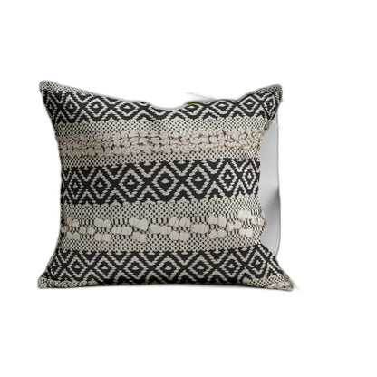 18" X 18" Beige And Black Zippered 100% Cotton Throw Pillow With Embroidery