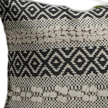 18" X 18" Beige And Black Zippered 100% Cotton Throw Pillow With Embroidery