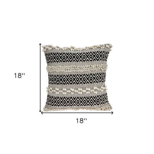 18" X 18" Beige And Black Zippered 100% Cotton Throw Pillow With Embroidery