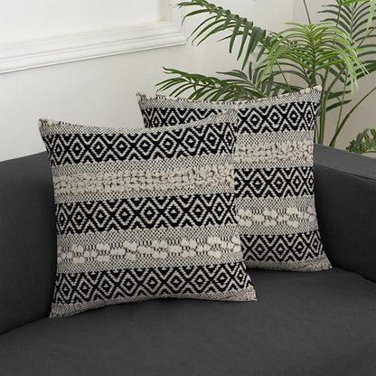 18" X 18" Beige And Black Zippered 100% Cotton Throw Pillow With Embroidery