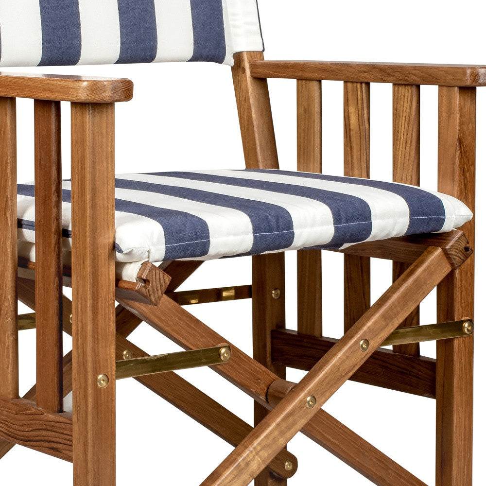 20" Blue and White and Natural Wood Solid Wood Indoor Outdoor Director Chair with Blue and White Cushion