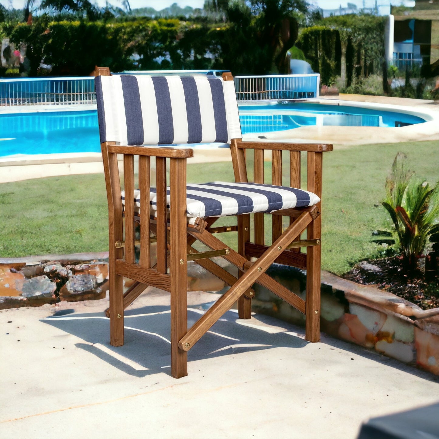 20" Blue and White and Natural Wood Solid Wood Indoor Outdoor Director Chair with Blue and White Cushion