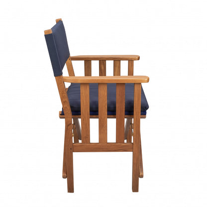 20" Navy Blue and Natural Wood Solid Wood Indoor Outdoor Director Chair with Navy Blue Cushion