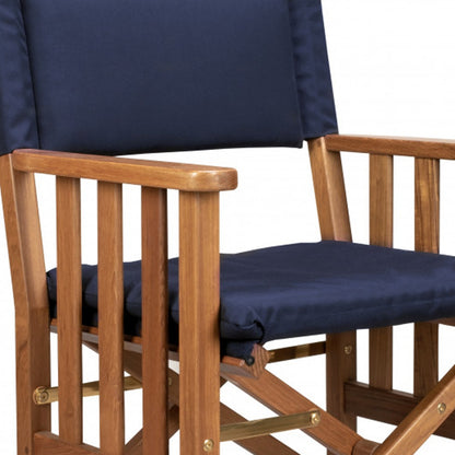 20" Navy Blue and Natural Wood Solid Wood Indoor Outdoor Director Chair with Navy Blue Cushion