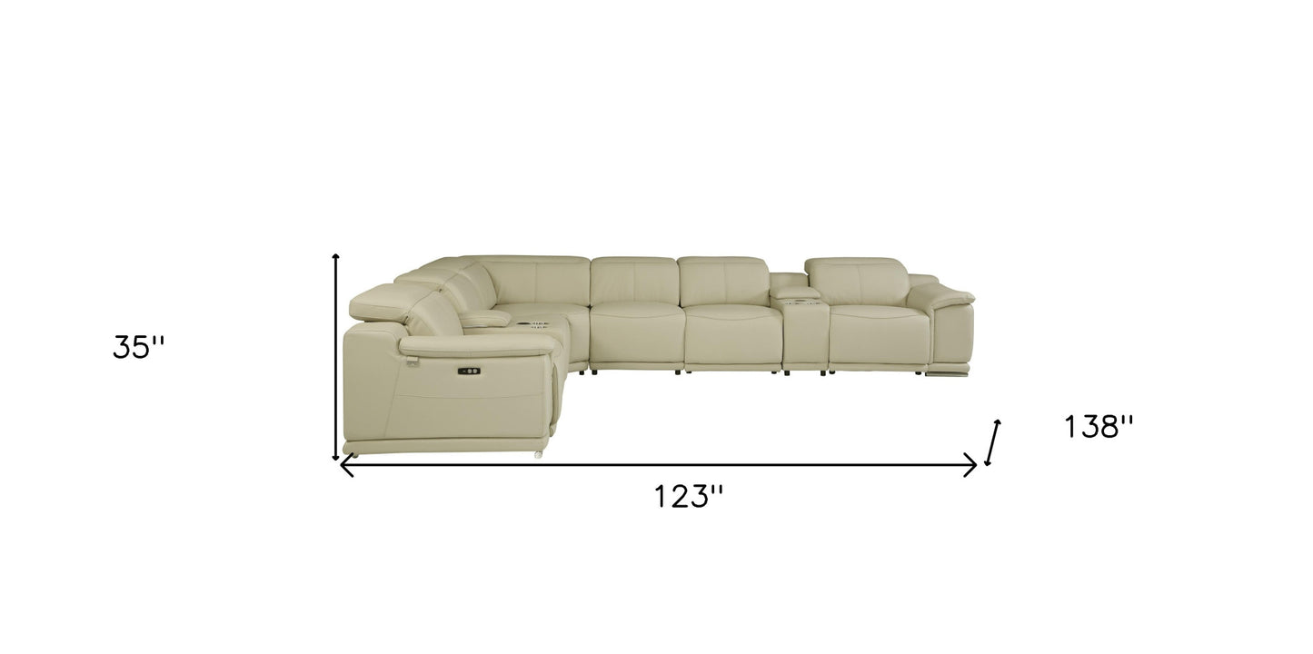 Beige Italian Leather Power Reclining U Shaped Eight Piece Corner Sectional With Console