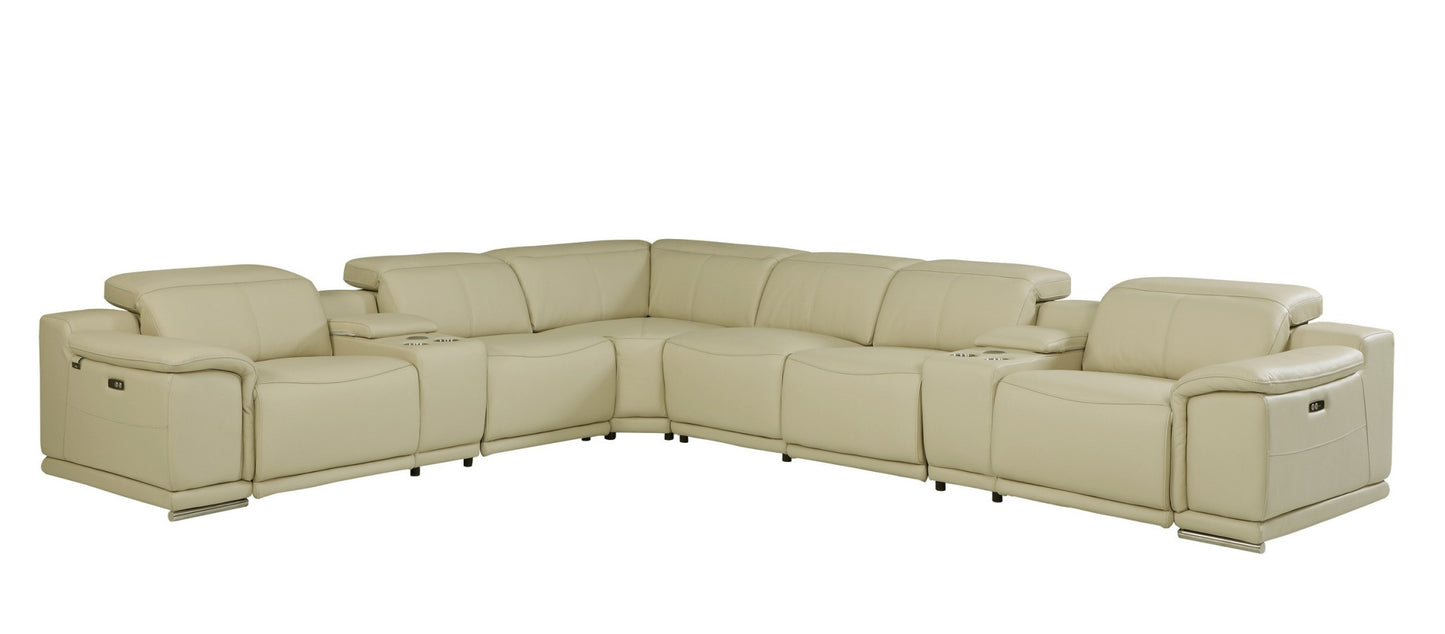 Beige Italian Leather Power Reclining U Shaped Eight Piece Corner Sectional With Console