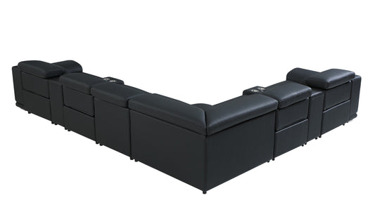 Black Italian Leather Power Reclining U Shaped Eight Piece Corner Sectional With Console