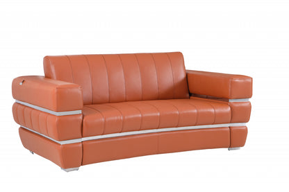 75" Camel And Silver Italian Leather Loveseat