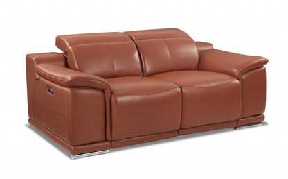 72" Camel And Silver Italian Leather Power Reclining Love Seat