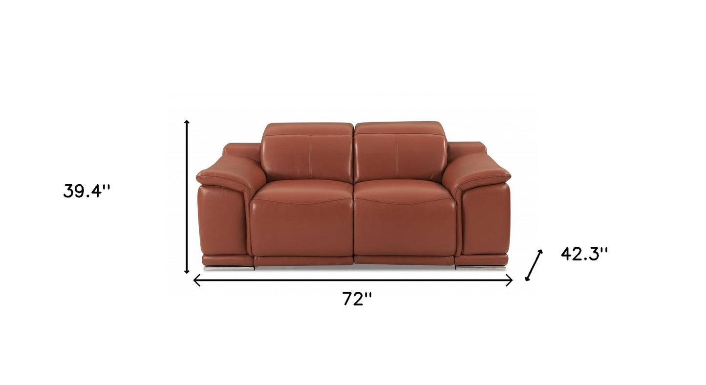 72" Camel And Silver Italian Leather Power Reclining Love Seat