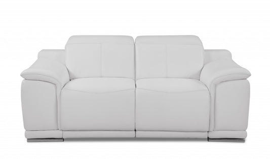 72" White And Silver Italian Leather Power Reclining Loveseat