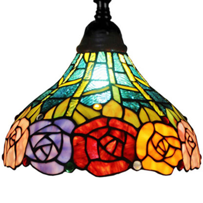 74" Brown Traditional Shaped Floor Lamp With Blue Red And Yellow Flowers Stained Glass Dome Shade