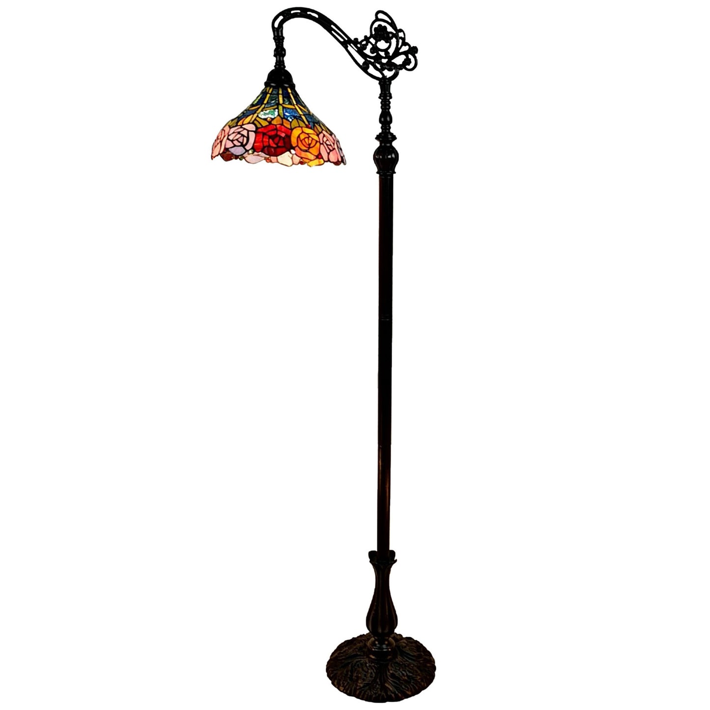 74" Brown Traditional Shaped Floor Lamp With Blue Red And Yellow Flowers Stained Glass Dome Shade