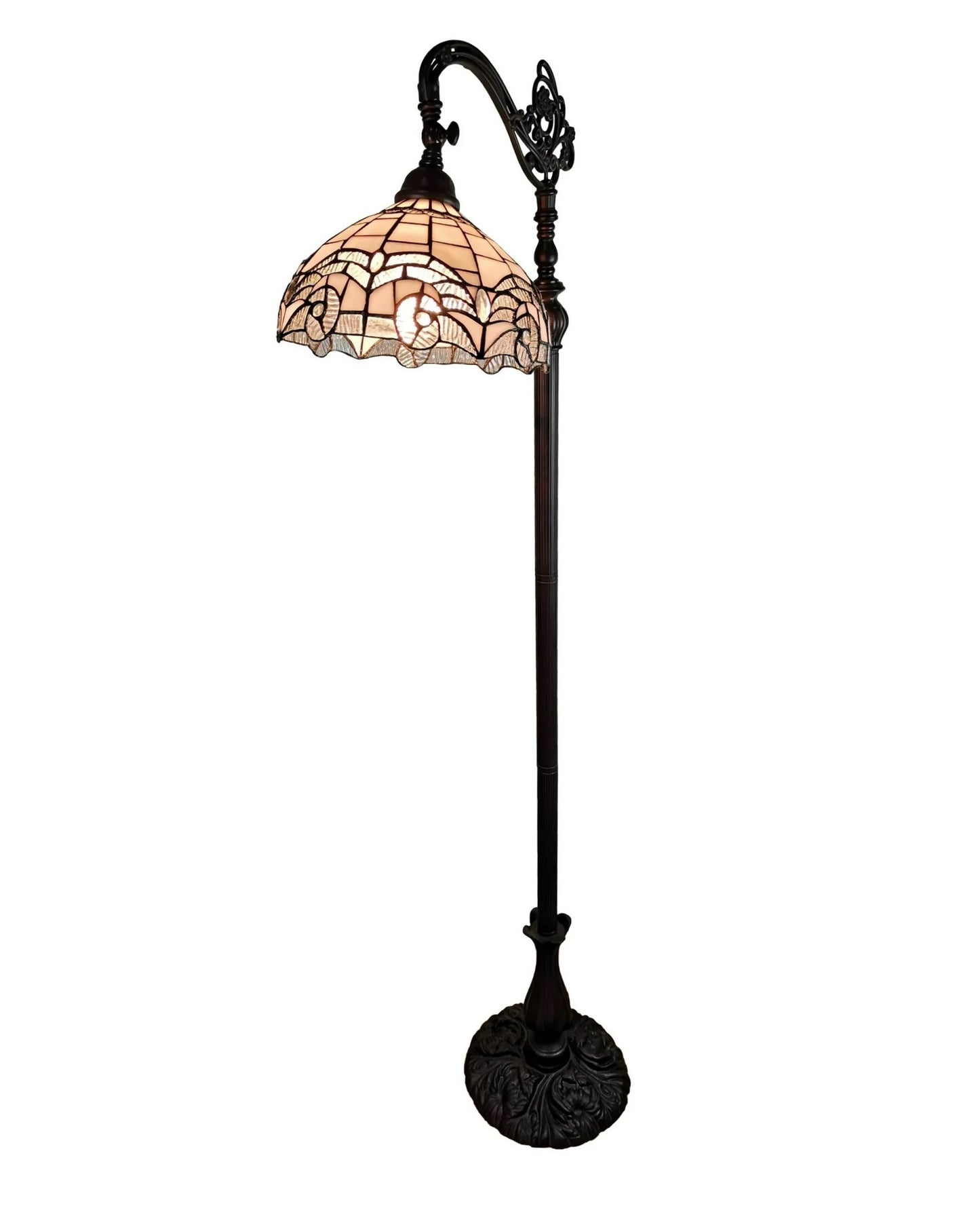 62" Brown Metal Arched Floor Lamp With White Geometric Stained Glass Shade