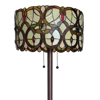 63" Brown Two Light Traditional Shaped Floor Lamp With Brown And White Stained Glass Drum Shade