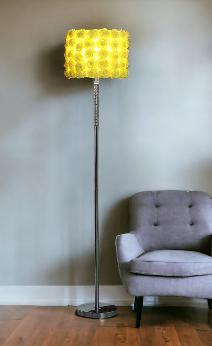 63" Steel and Acrylic Floor Lamp With Yellow Flowers Fabric Drum Shade