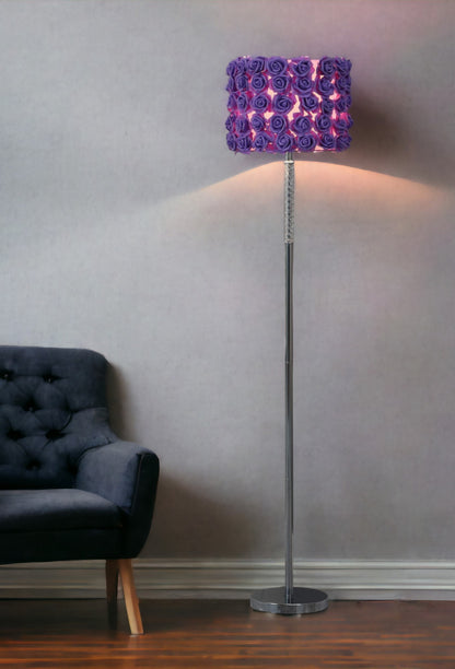 63" Steel and Acrylic Floor Lamp With Yellow Flowers Fabric Drum Shade