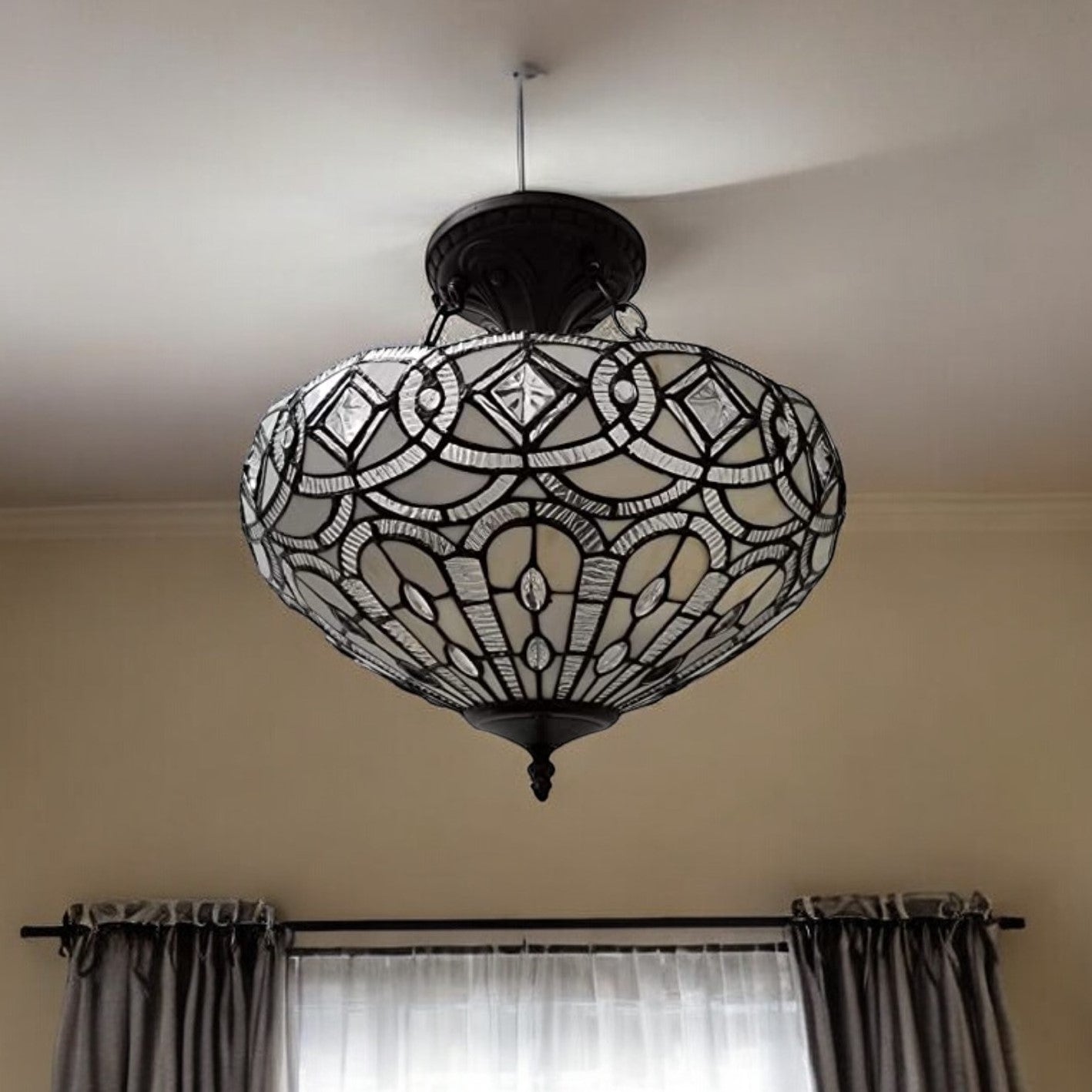 Black and Gray Tiffany Style Two Light Glass Dimmable Semi Flush Ceiling Light