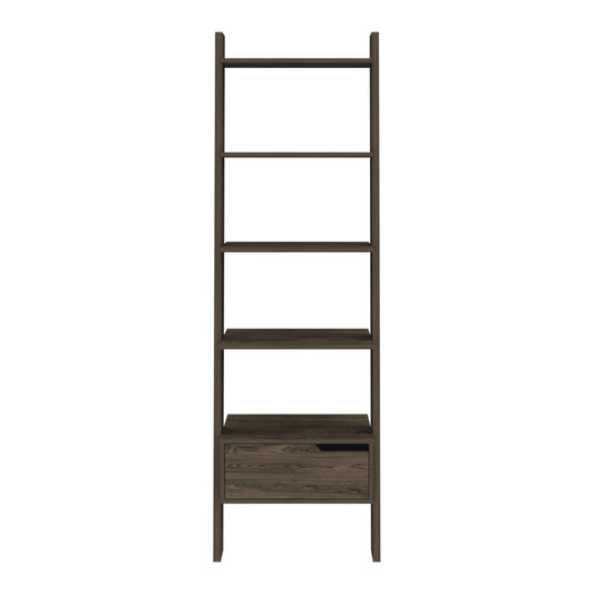 70" Brown Five Tier Ladder Bookcase with A Drawer