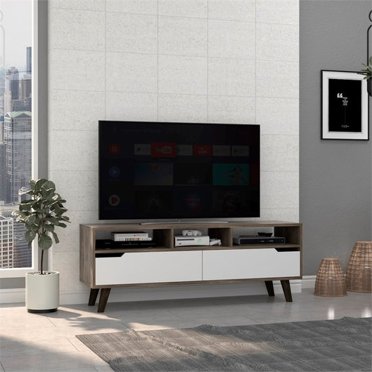 54" Brown And White Particle Board Open Shelving TV Stand