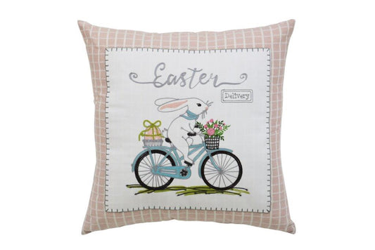 17" X 17" Light Pink Checkered Easter Bunny on Bicycle Throw Pillow