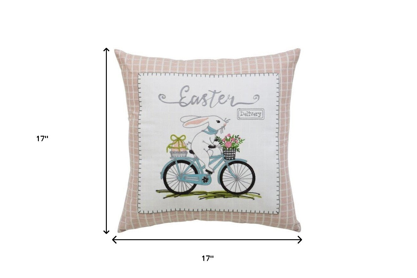 17" X 17" Light Pink Checkered Easter Bunny on Bicycle Throw Pillow