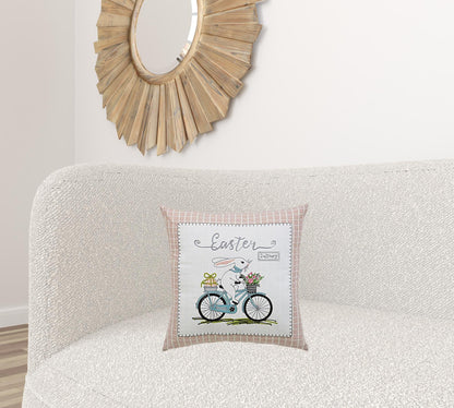 17" X 17" Light Pink Checkered Easter Bunny on Bicycle Throw Pillow