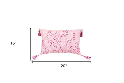 13" X 20" Pink Embroidered Damask Throw Pillow With Tassels