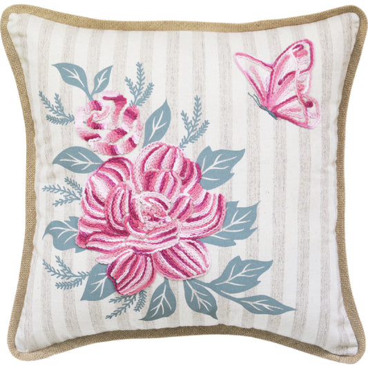 17" X 17" Pink Embroidered Floral and Butterfly with Burlap Throw Pillow