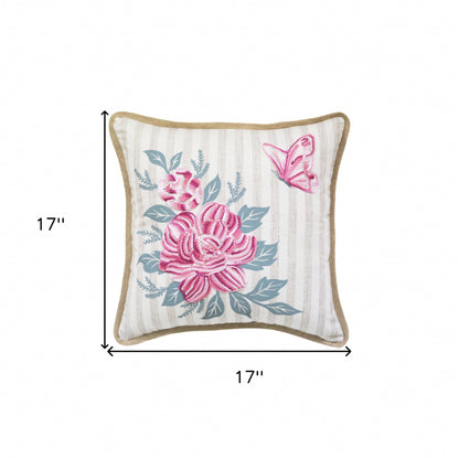 17" X 17" Pink Embroidered Floral and Butterfly with Burlap Throw Pillow