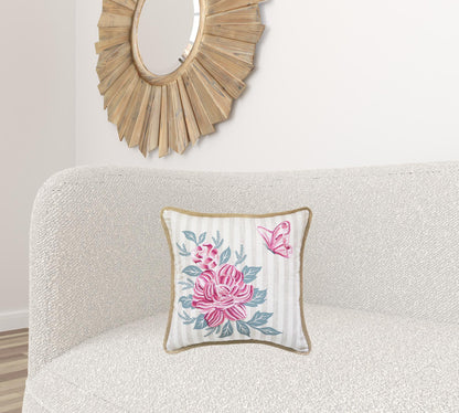 17" X 17" Pink Embroidered Floral and Butterfly with Burlap Throw Pillow