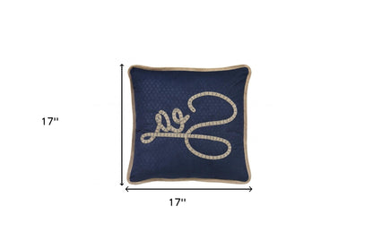 17" X 17" Navy Blue And Brown Text Zippered Polyester And Burlap Blend Throw Pillow With Embroidery