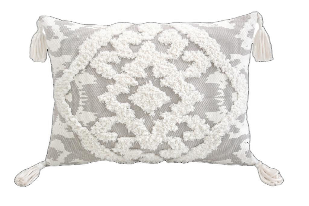 13" X 18" Grey And White Damask Zippered Polyester And Cotton Blend Throw Pillow With Tassels