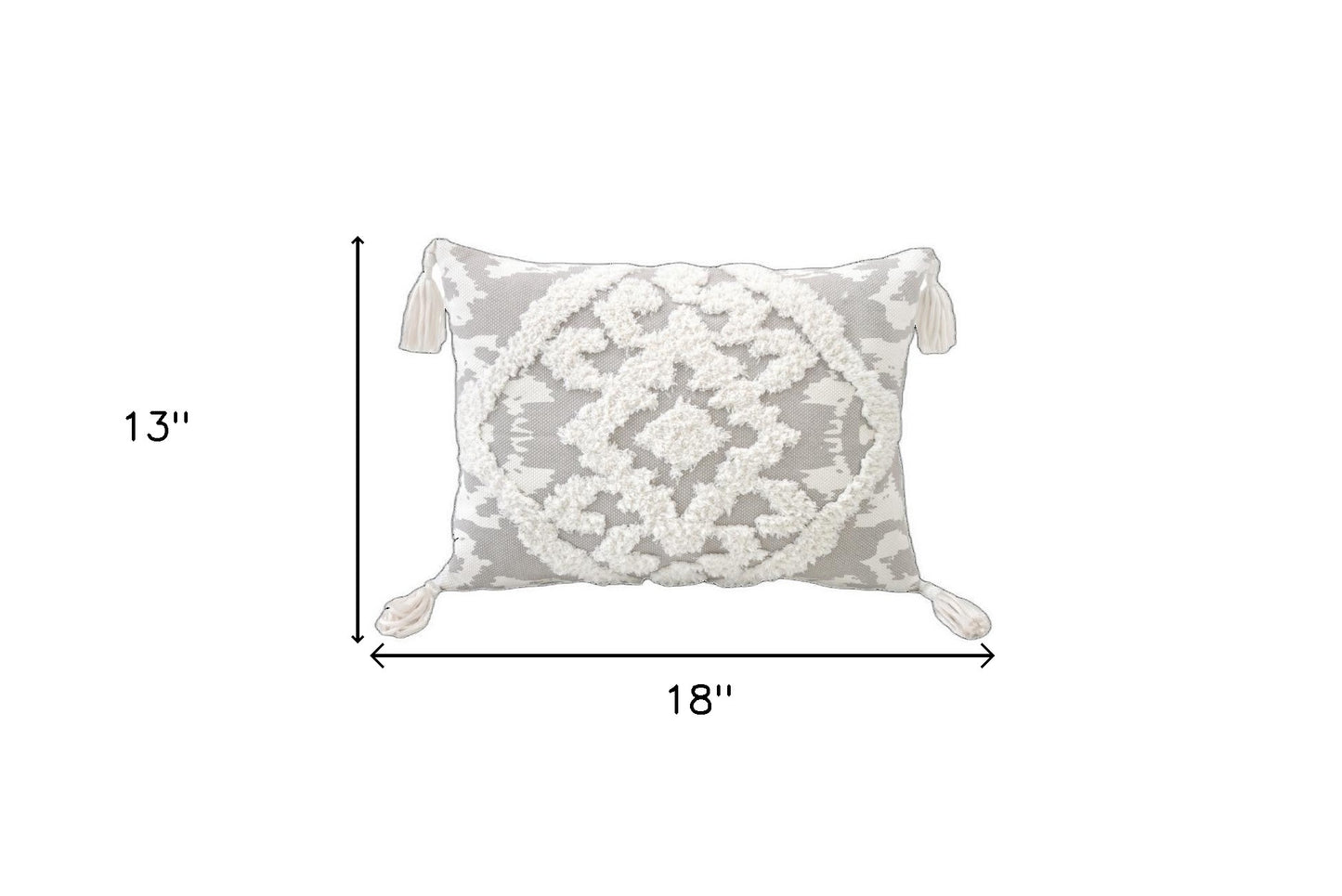 13" X 18" Grey And White Damask Zippered Polyester And Cotton Blend Throw Pillow With Tassels