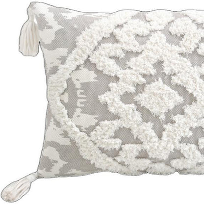 13" X 18" Grey And White Damask Zippered Polyester And Cotton Blend Throw Pillow With Tassels