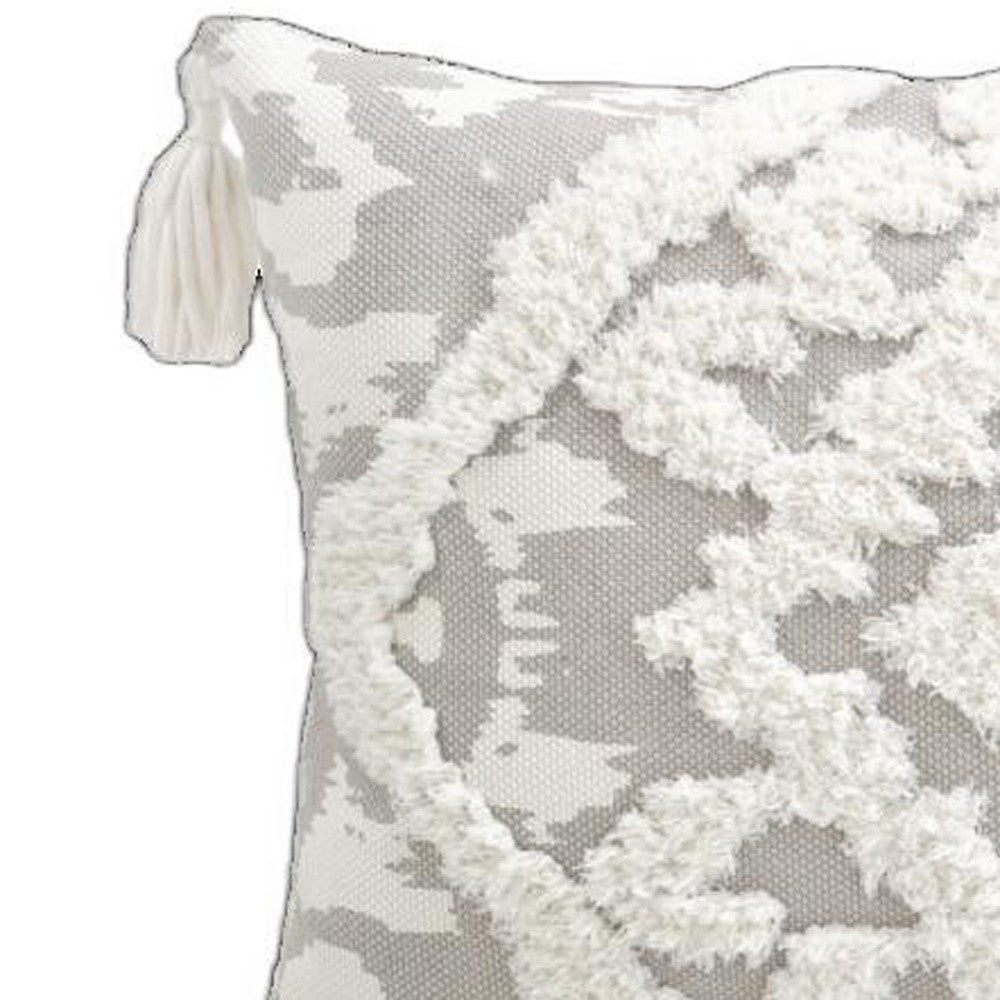 13" X 18" Grey And White Damask Zippered Polyester And Cotton Blend Throw Pillow With Tassels