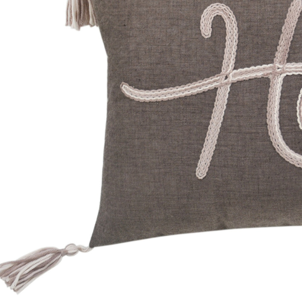 13" X 20" GreyTaupe And White Text Zippered Polyester Throw Pillow With Tassels