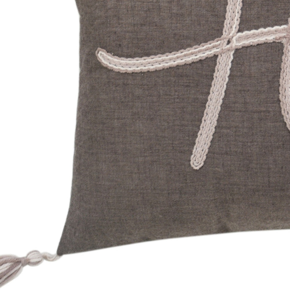 13" X 20" GreyTaupe And White Text Zippered Polyester Throw Pillow With Tassels